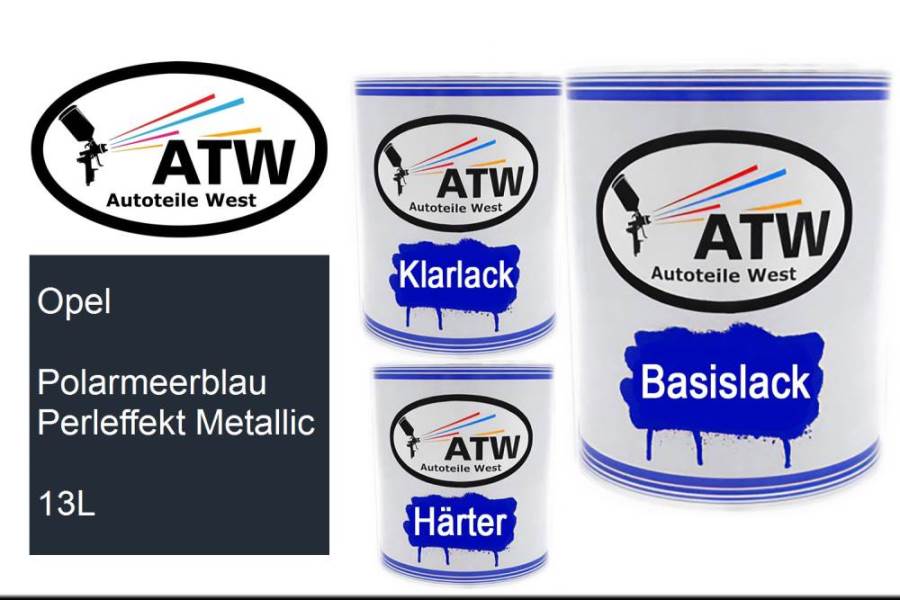 Opel, Polarmeerblau Perleffekt Metallic, 13L: 1L Lackdose + 1L Klarlack + 500ml Härter - Set, von ATW Autoteile West.
